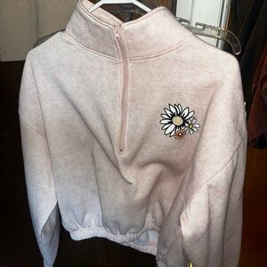 Pink Half-Zip Sweatshirt with Floral Embroidery